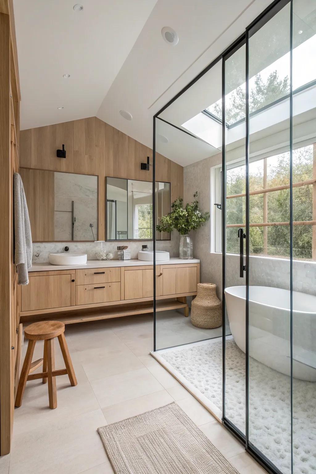 Glass partitions add elegance and openness to shared bathrooms.