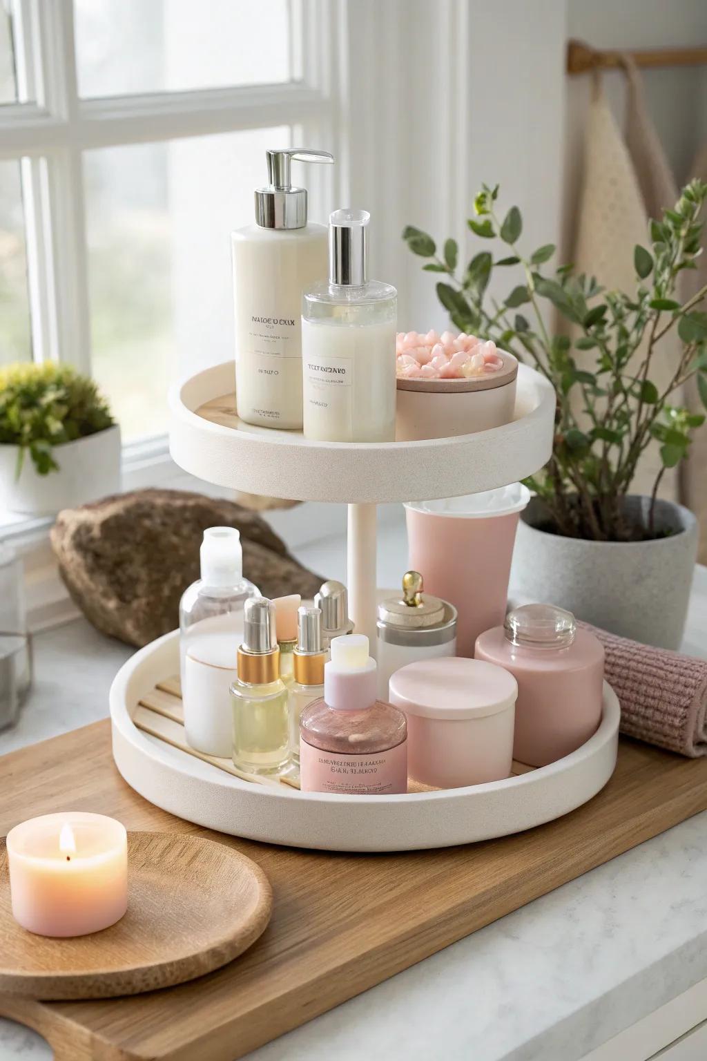 Effortlessly access your skincare with a stylish Lazy Susan. #LazySusan #VanityGoals