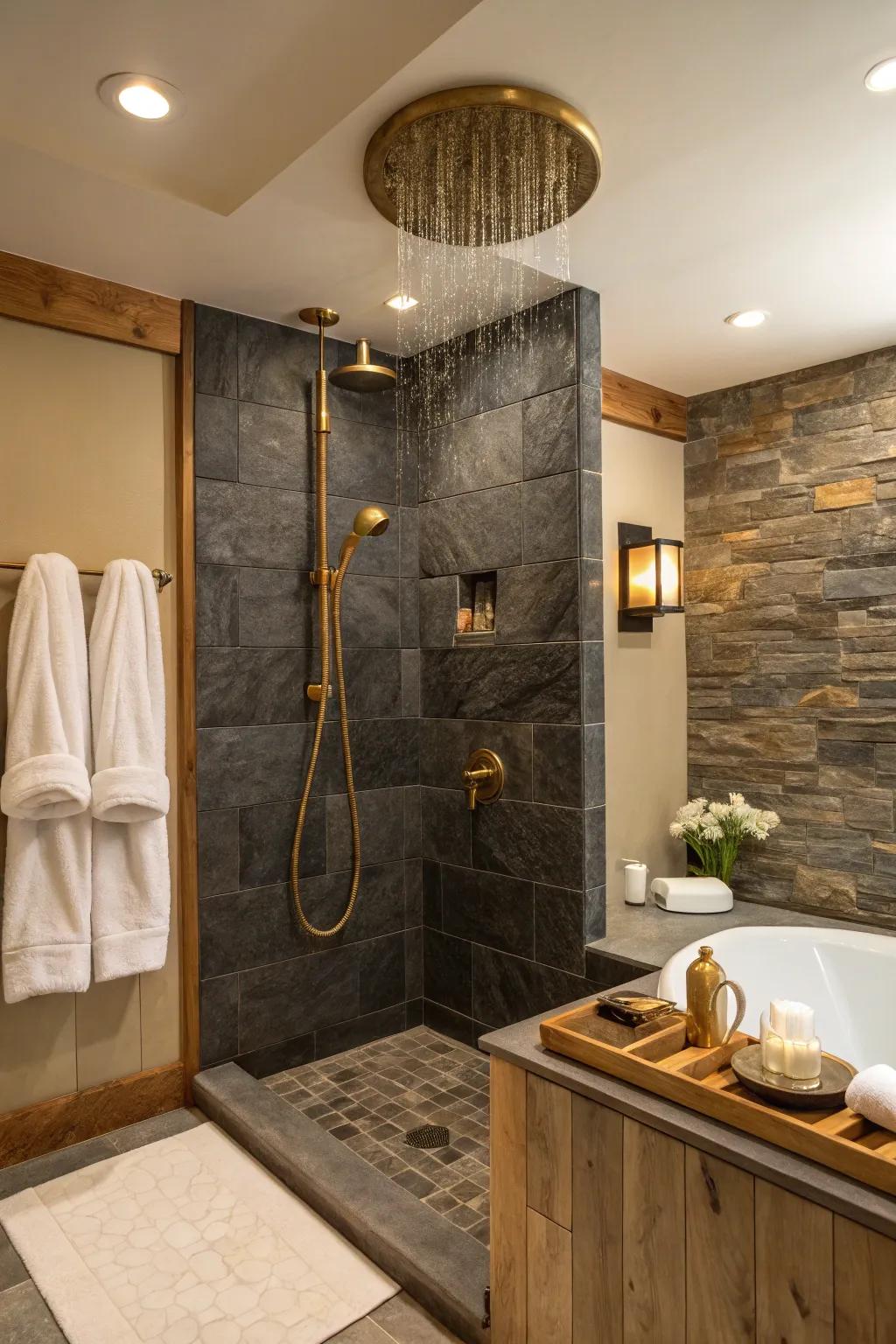 Turn your bathroom into a spa-like retreat with a slate accent wall that exudes luxury and tranquility. 🚿 #BathroomDesign #SpaVibes