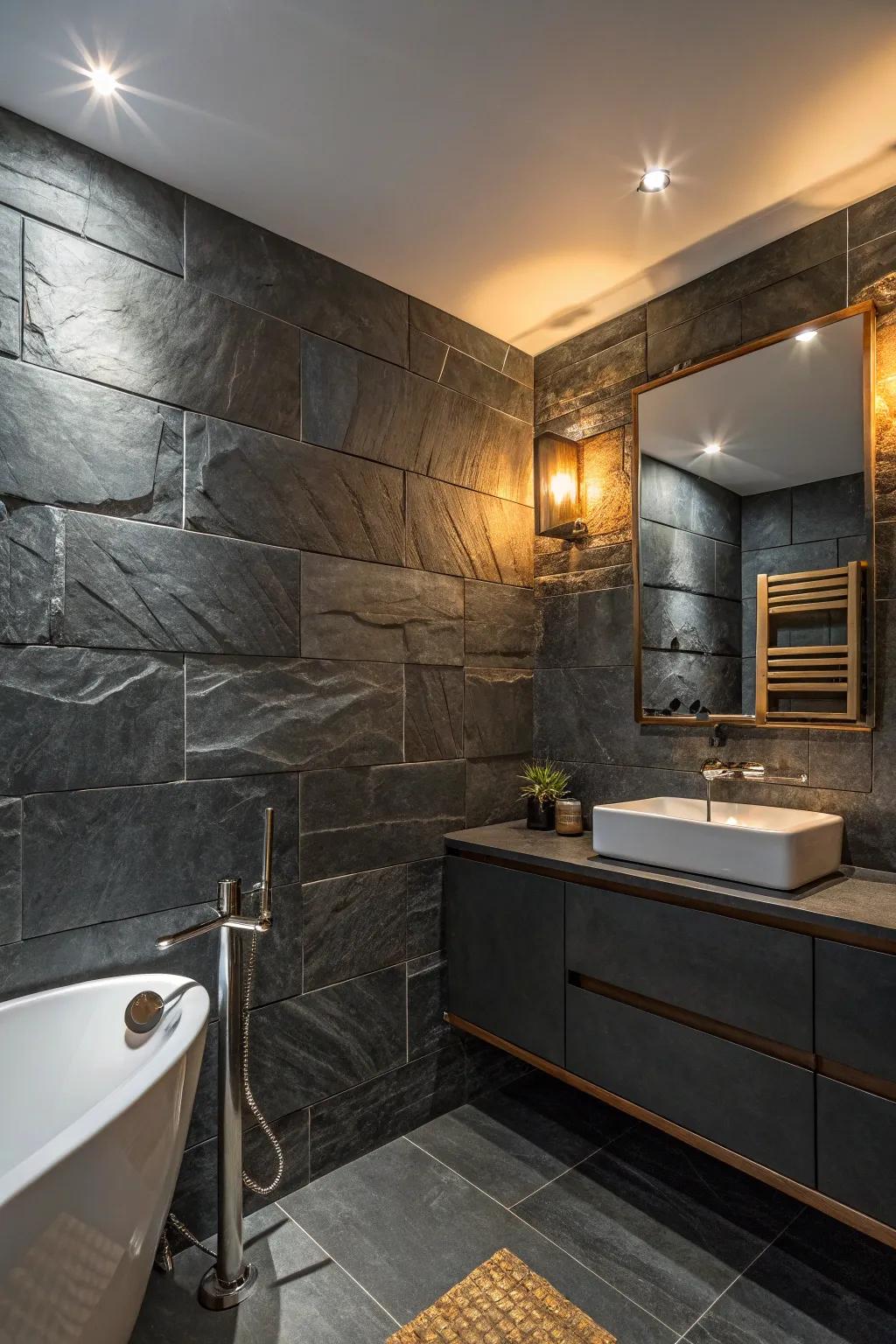 Enhance the beauty of slate with accent lighting that creates a captivating, dramatic effect. 💡✨ #LightingDesign #SlateAmbiance #BathroomBliss