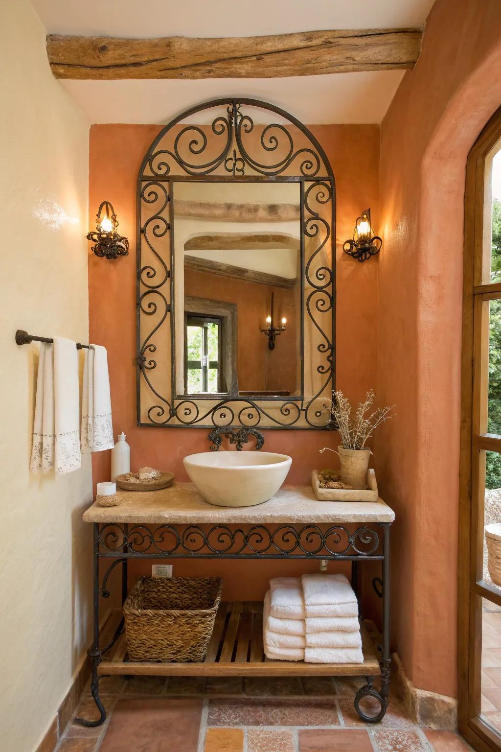 Wrought-iron accents bring a bold, enduring quality to your southwestern design. #IronDetails #BathroomInspo