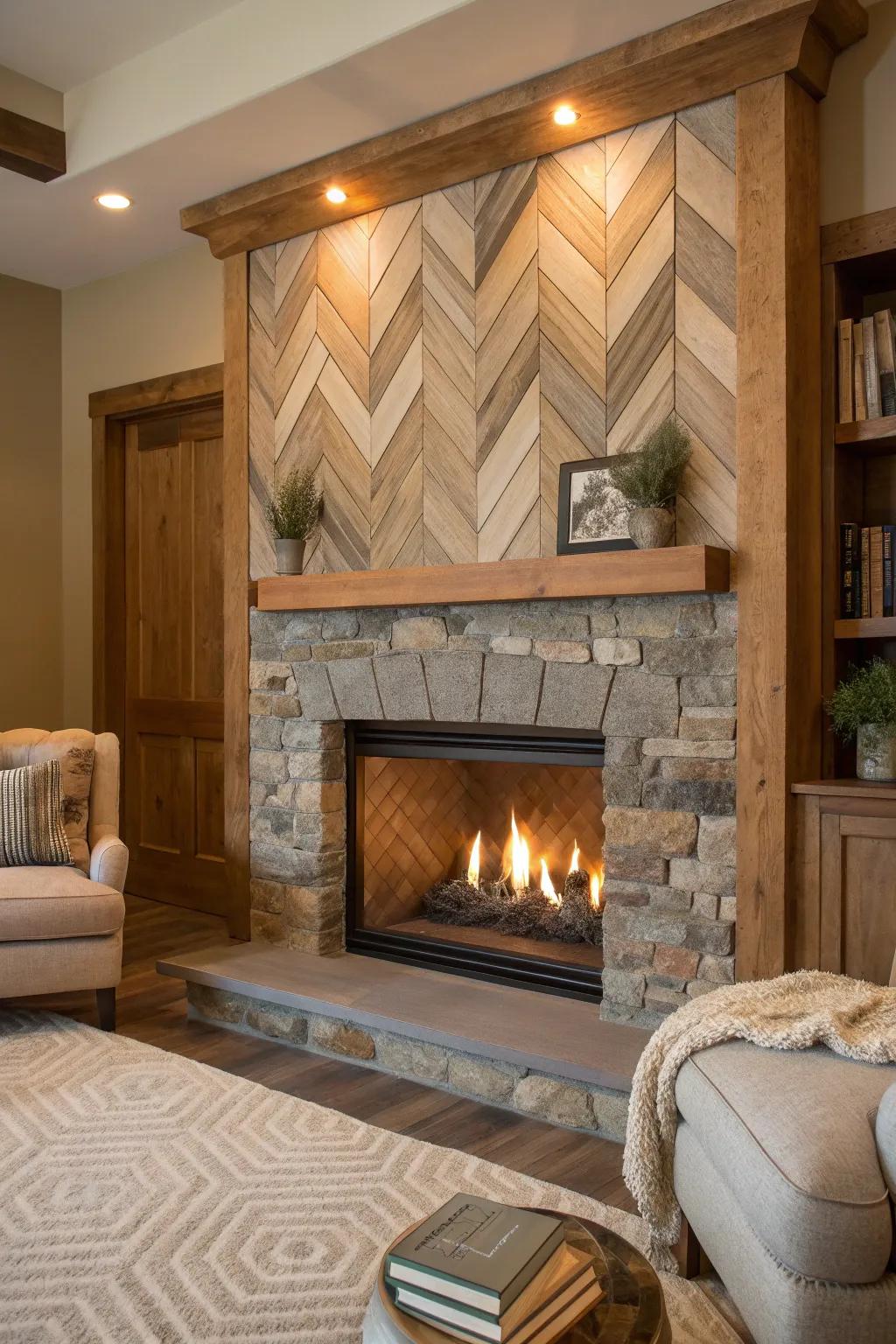 Add dynamic movement with chevron-patterned shiplap for a unique fireplace design #ChevronStyle #FireplaceFocus