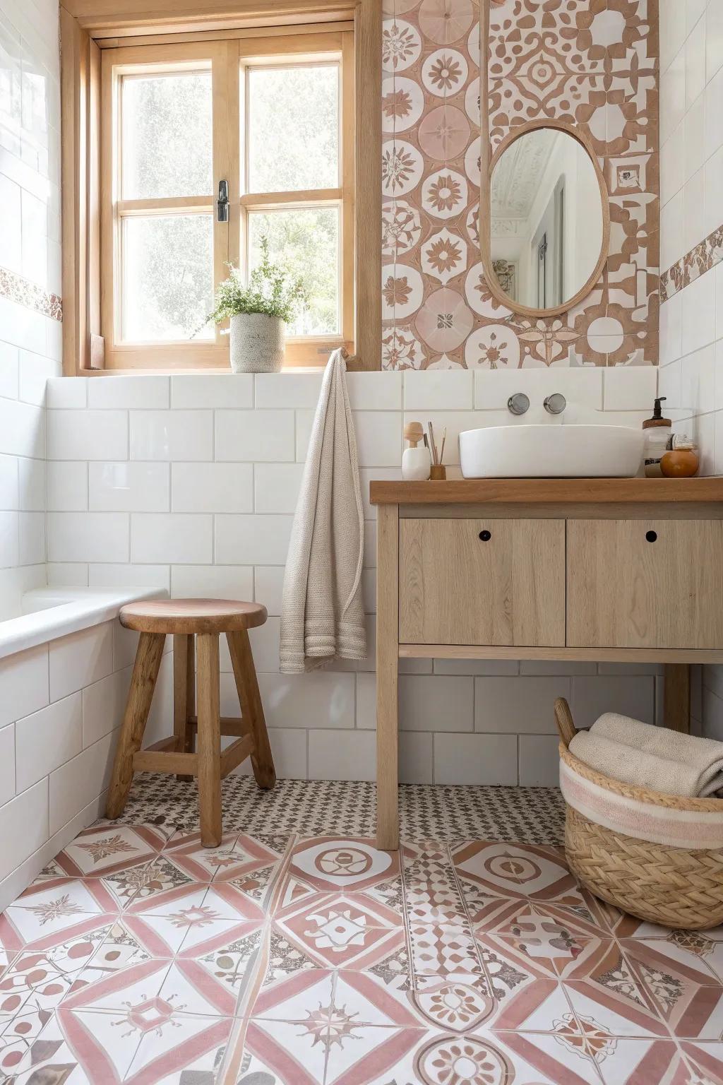Flooring that stands out—add character to your bathroom with unique patterned tiles! #FlooringDesign #StylishTiles