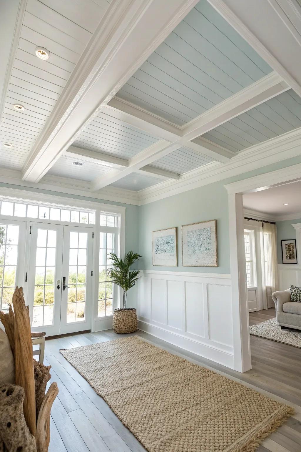 Embrace coastal vibes with a whitewashed wainscoting ceiling. 🌊 #BeachHouse #RelaxedLiving #CoastalDecor