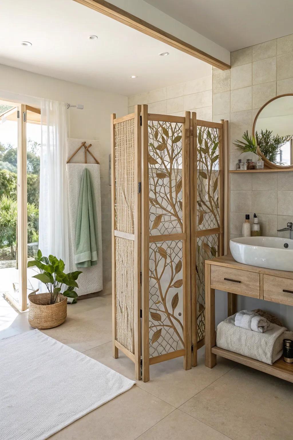 A decorative partition creates defined spaces while maintaining an open feel. #SpaceSaver #BathroomInspo #DecorativeDesign