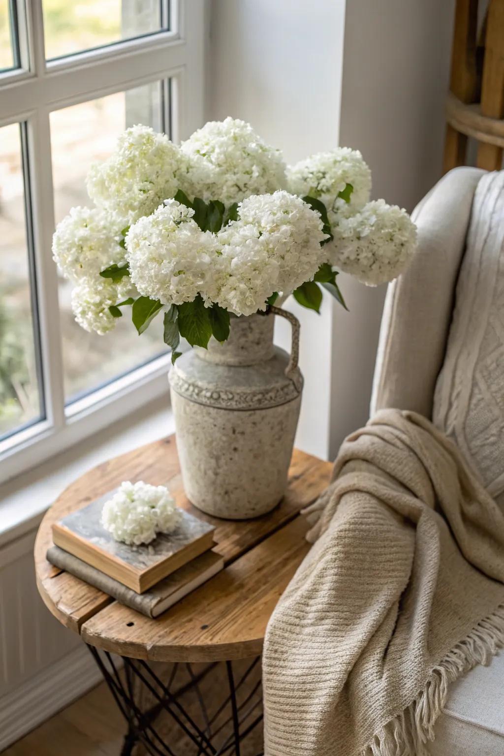 Nostalgic charm: White hydrangeas in a vintage vase create a cozy reading corner. 📚 #VintageVibes #CozyCorner