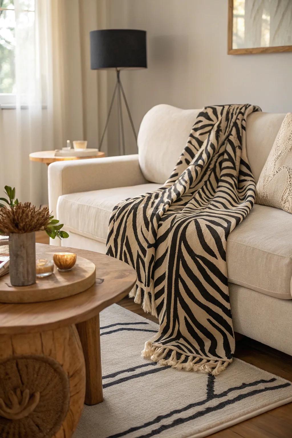 Add a zebra print throw to your seating for an extra layer of texture and warmth. 🧣🖤 #CozyLivingRoom #HomeStyle