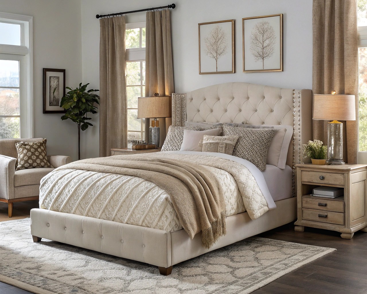 A bedroom featuring high-end textiles and budget-friendly accents, creating a luxurious ambiance.