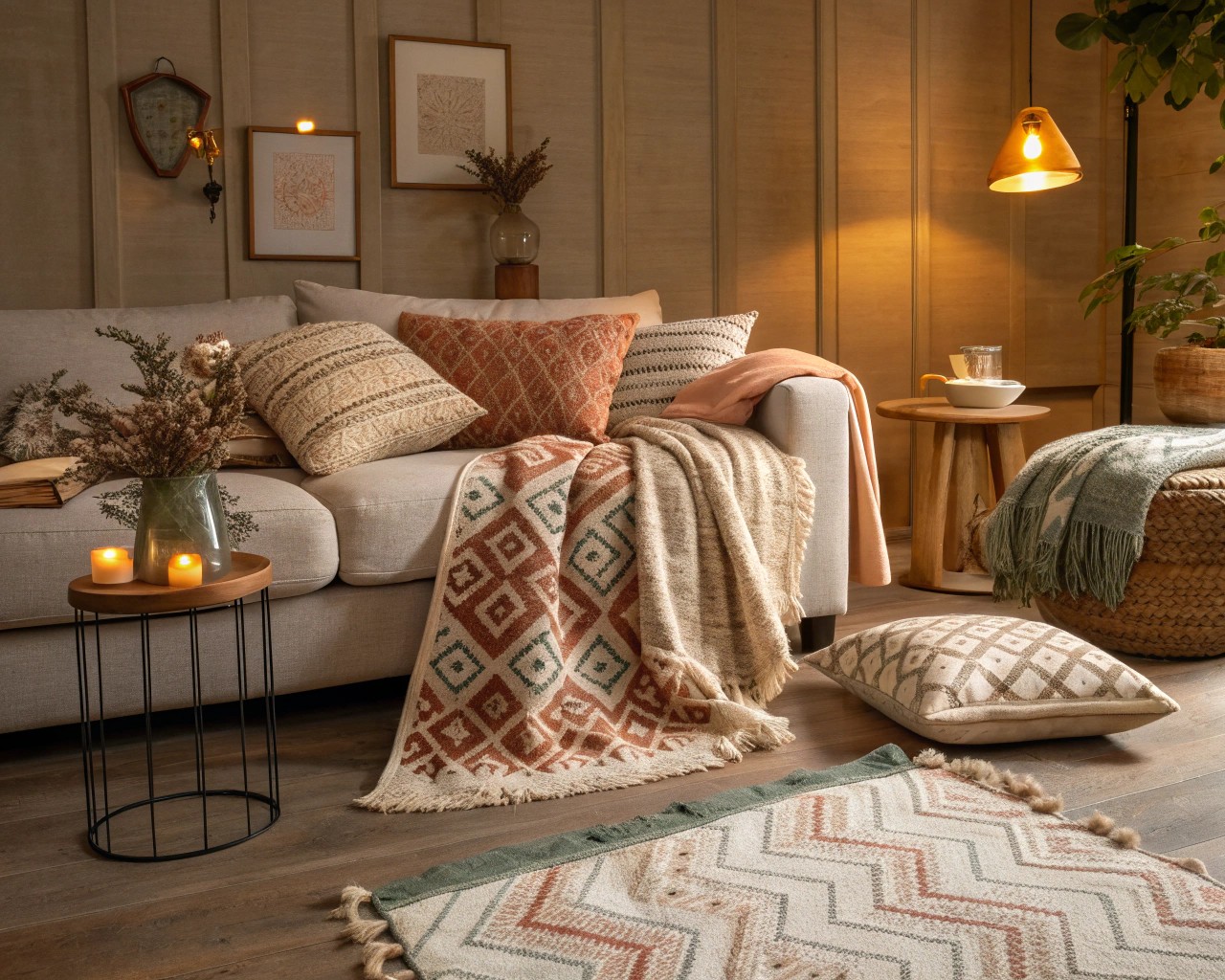 An eclectic living room featuring a vintage side table and seasonal decor.