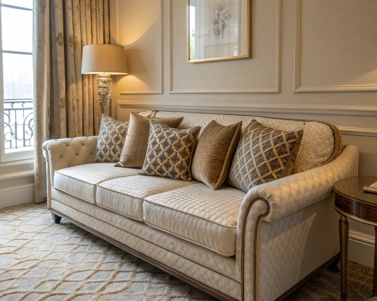 An elegant space demonstrating the high-low mix of designer cushions and affordable furniture.