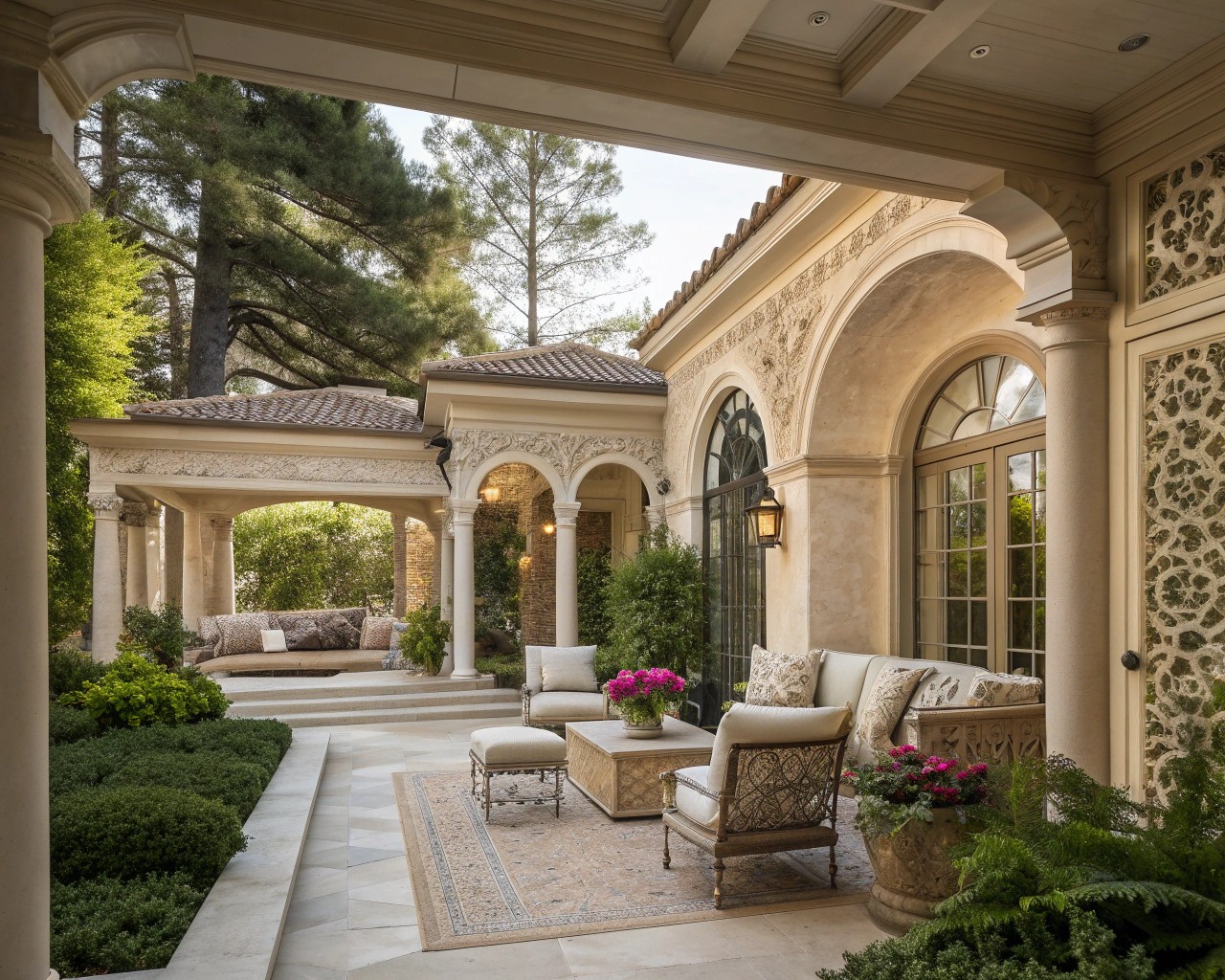 Architectural integration creates a seamless connection between indoor and outdoor dining spaces.