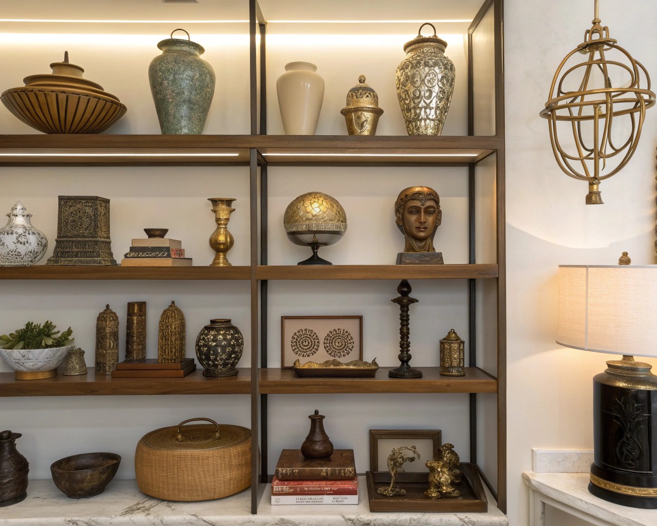 Bookshelf vignettes that artfully combine vintage and modern elements create compelling visual interest.