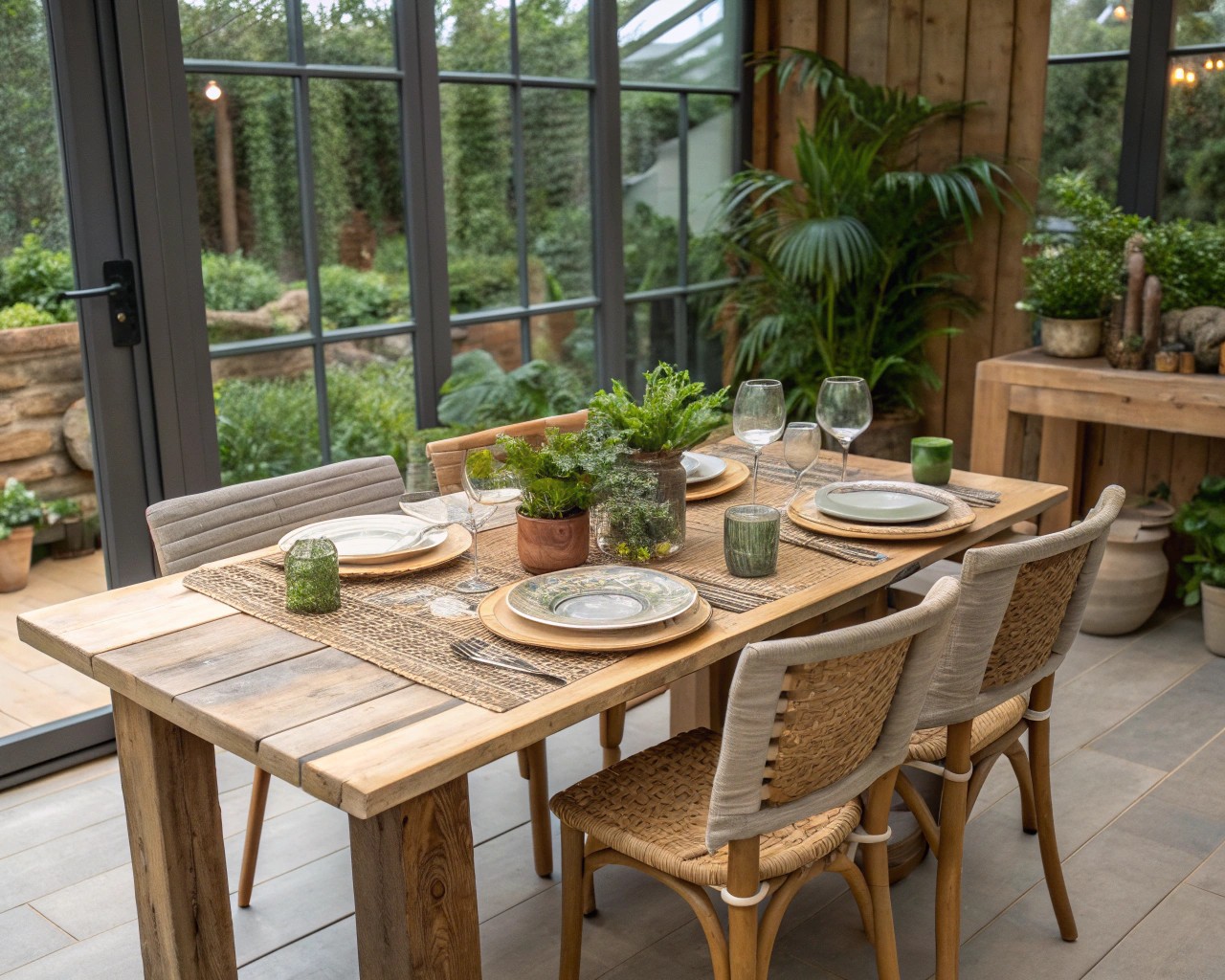 Eco-conscious materials like recycled plastics promote sustainability in outdoor dining spaces.