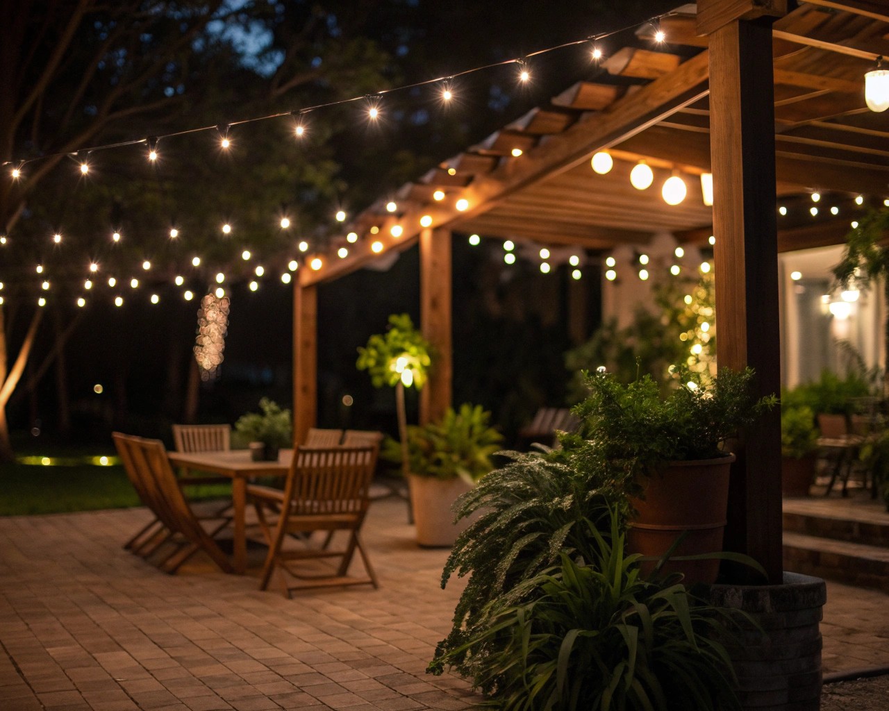 Layered lighting creates depth and warmth, enhancing the evening ambiance.