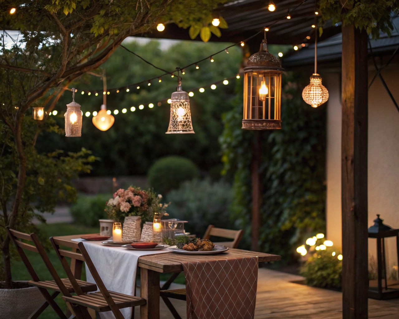 Layered lighting transforms outdoor dining spaces into atmospheric retreats.