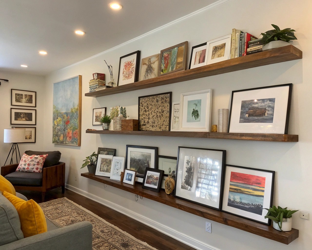 Layering artwork on floating shelves for flexible and sophisticated displays.