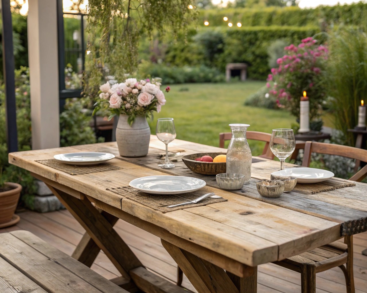 Rustic dining settings are characterized by carefully chosen natural materials like teak and reclaimed wood.