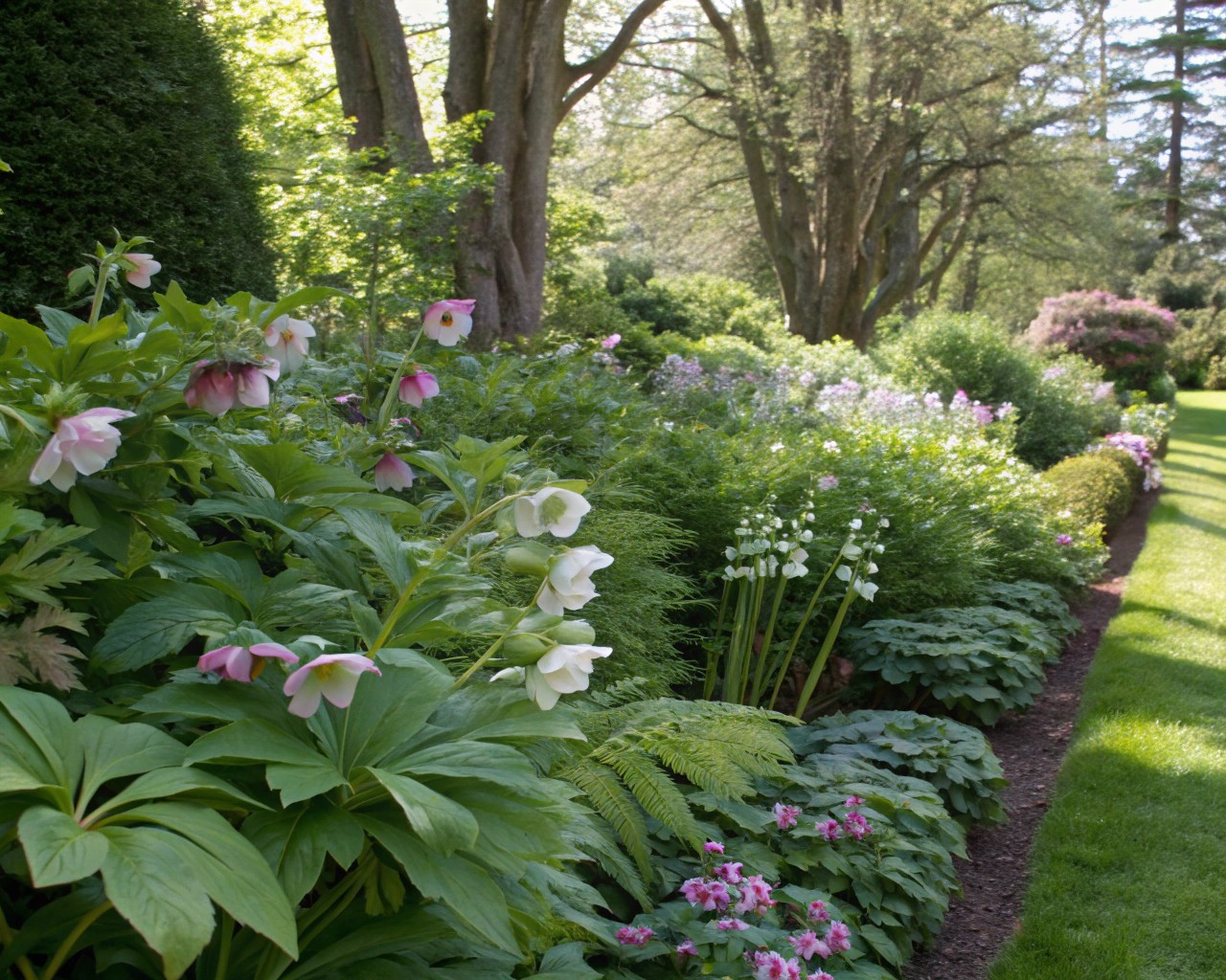 Woodland borders create calm, textured layers beneath deciduous trees.